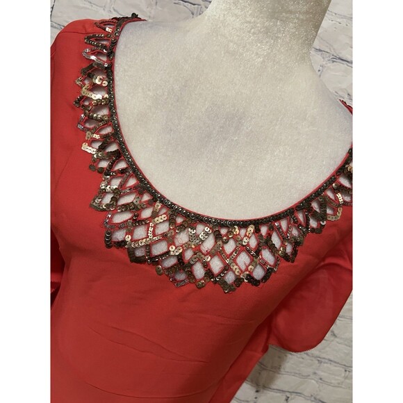 BCBG Maxazria Silk red flutter sleeve Gold Sequin scoop neck blouse top Small - Picture 3 of 8